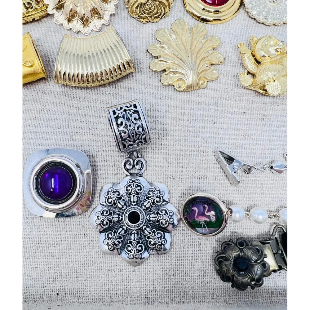 Vintage Gold & Silver Tone Scarf Slide Clip Panda Flamingo Sweater Lot of 23